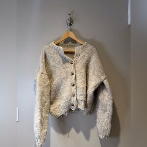 Chunky Oatmeal Oversized Hand-Knit Cardigan - Size Large